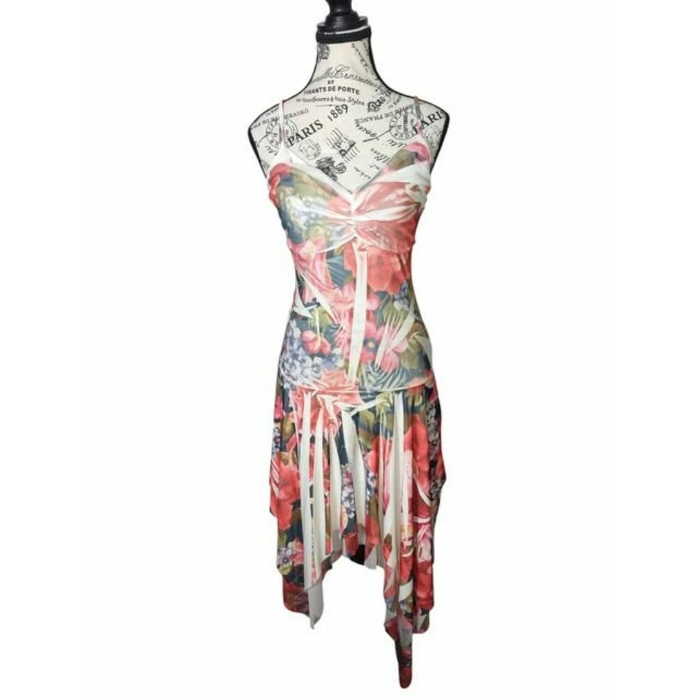 Womens M Floral Handkerchief‎ Hem SpaghettiStrap RuchedDress Summercore Fairy
